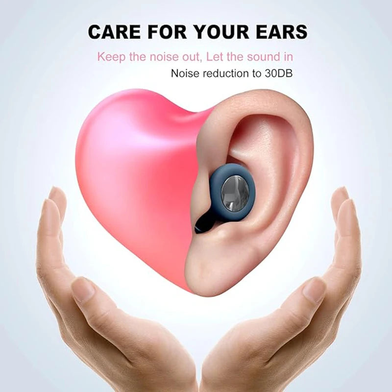 Earbud in ear with heart-shaped depiction of sound wave, hands holding the ear, and text about noise reduction.