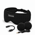 Black Sanosis branded sleep mask headphones including image of wired speakers and a black USB adaptor on a white background