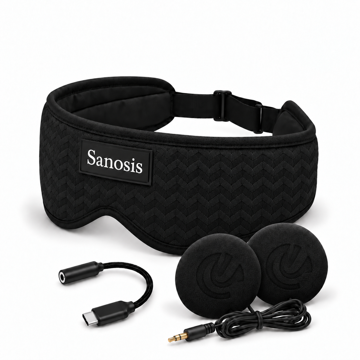 Black Sanosis branded sleep mask headphones including image of wired speakers and a black USB adaptor on a white background