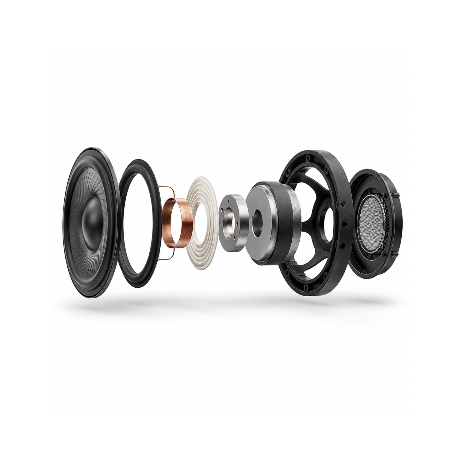 An exploded view diagram of a high-performance speaker system, showing its internal components including the woofer, midrange, tweeter, magnet, coil, and suspension rings, isolated on a white background.