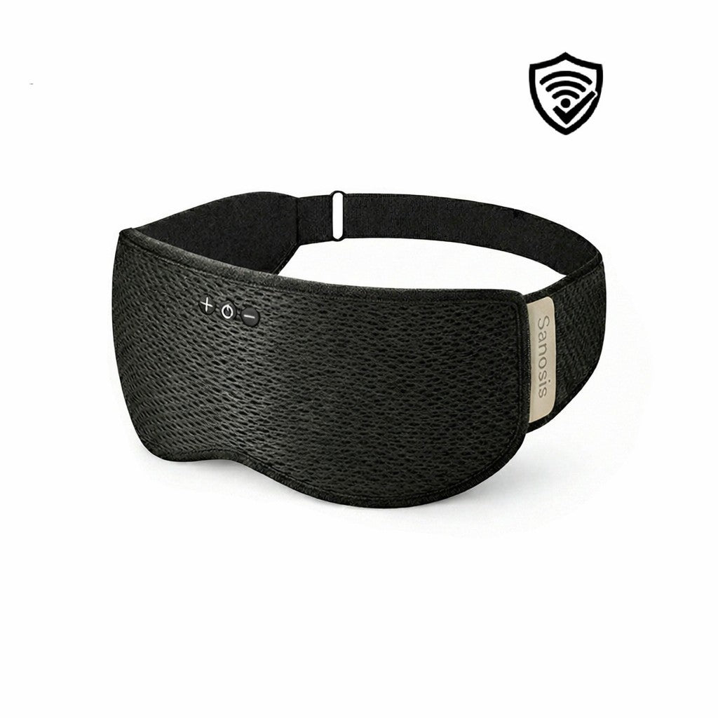 Sanosis sleep mask headphones wireless in black with control buttons and brand logo on a white background