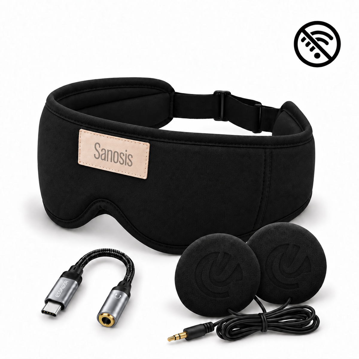 Sanosis black sleep mask with adjustable strap, shown with a USB-C to 3.5mm audio adapter, two foam ear cushions, and a black wireless symbol icon on a white background.
