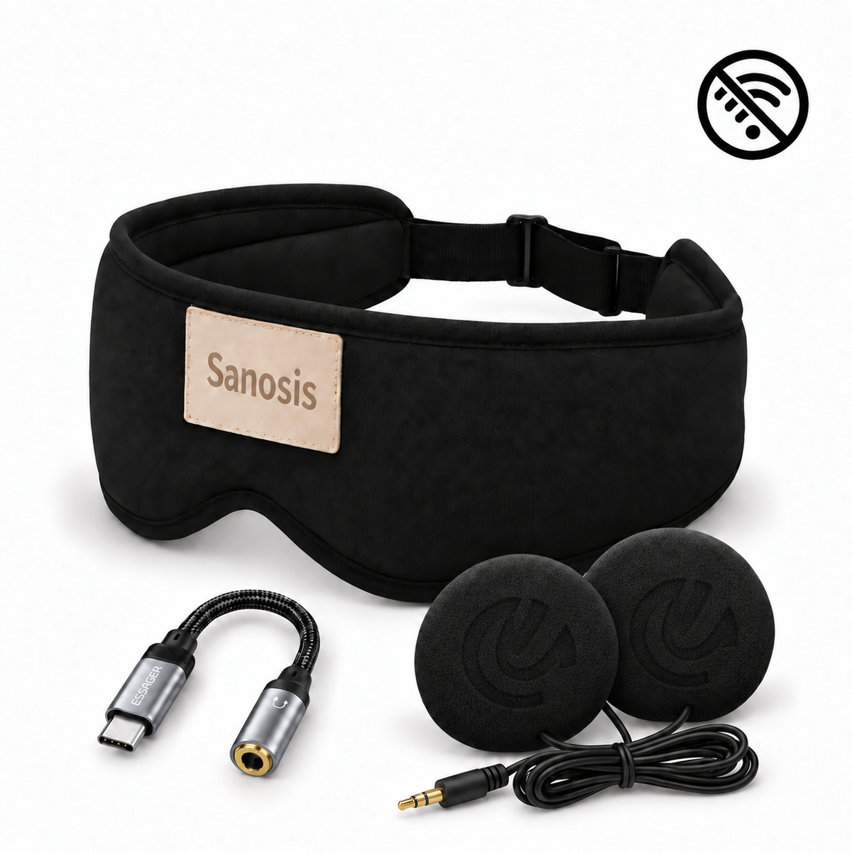 Black Sanosis sleep mask with a beige brand patch, shown with a USB-C to audio adapter, two foam ear covers, and a cable on a white background, with a no-wifi symbol in the top right corner.
