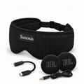 Black Sanosis Sleep Headphones with JBL Speakers and USB adaptor on a white background
