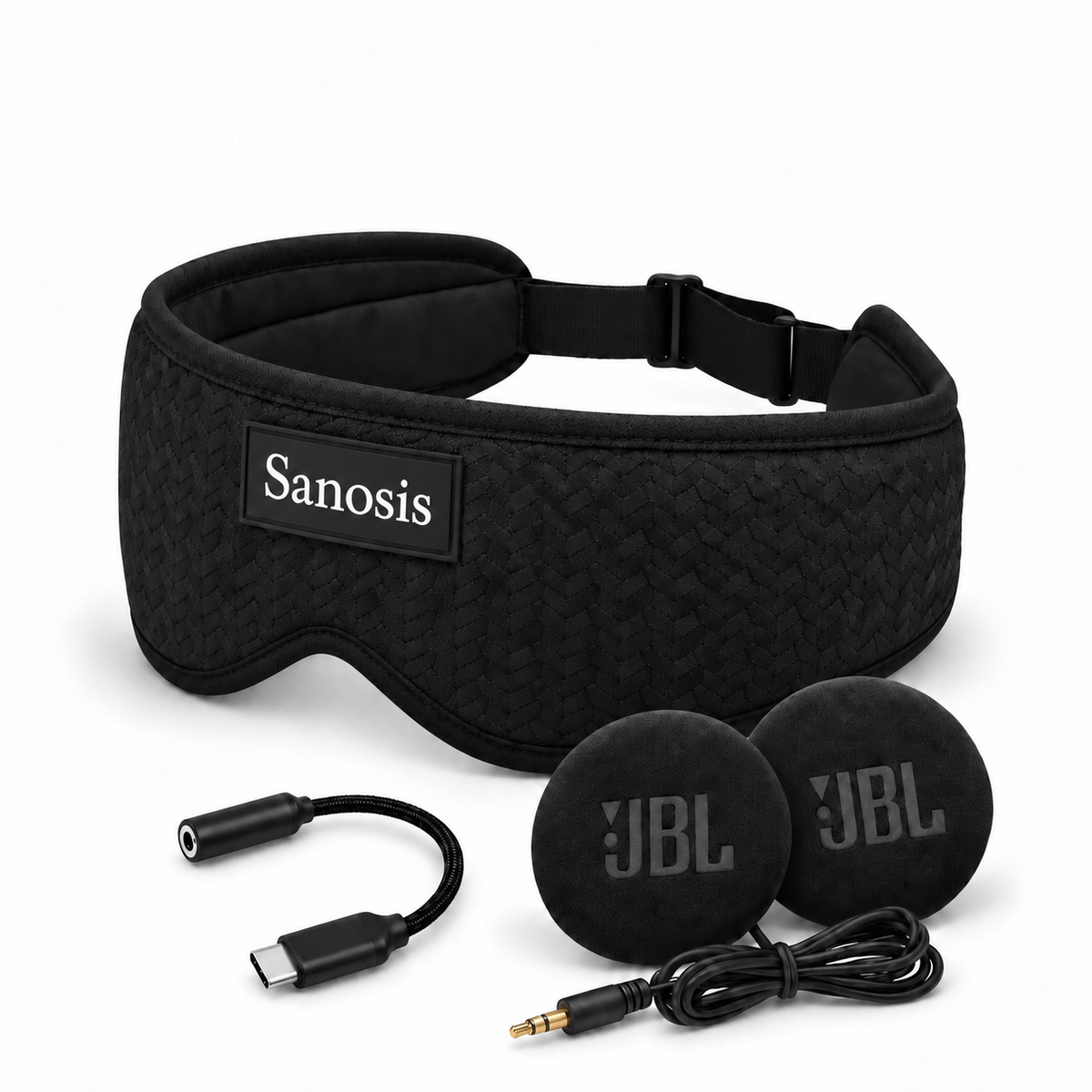Black Sanosis Sleep Headphones with JBL Speakers and USB adaptor on a white background