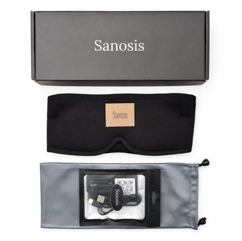 Black sleep mask with Sanosis branding, packaging, and accessories on a white background