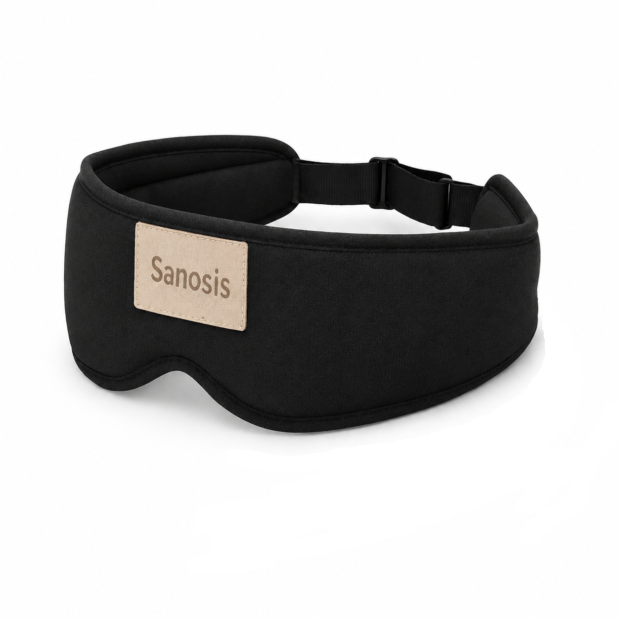 A black sleep mask with a beige brand patch reading 'Sanosis' on the front, shown on a clean white background.