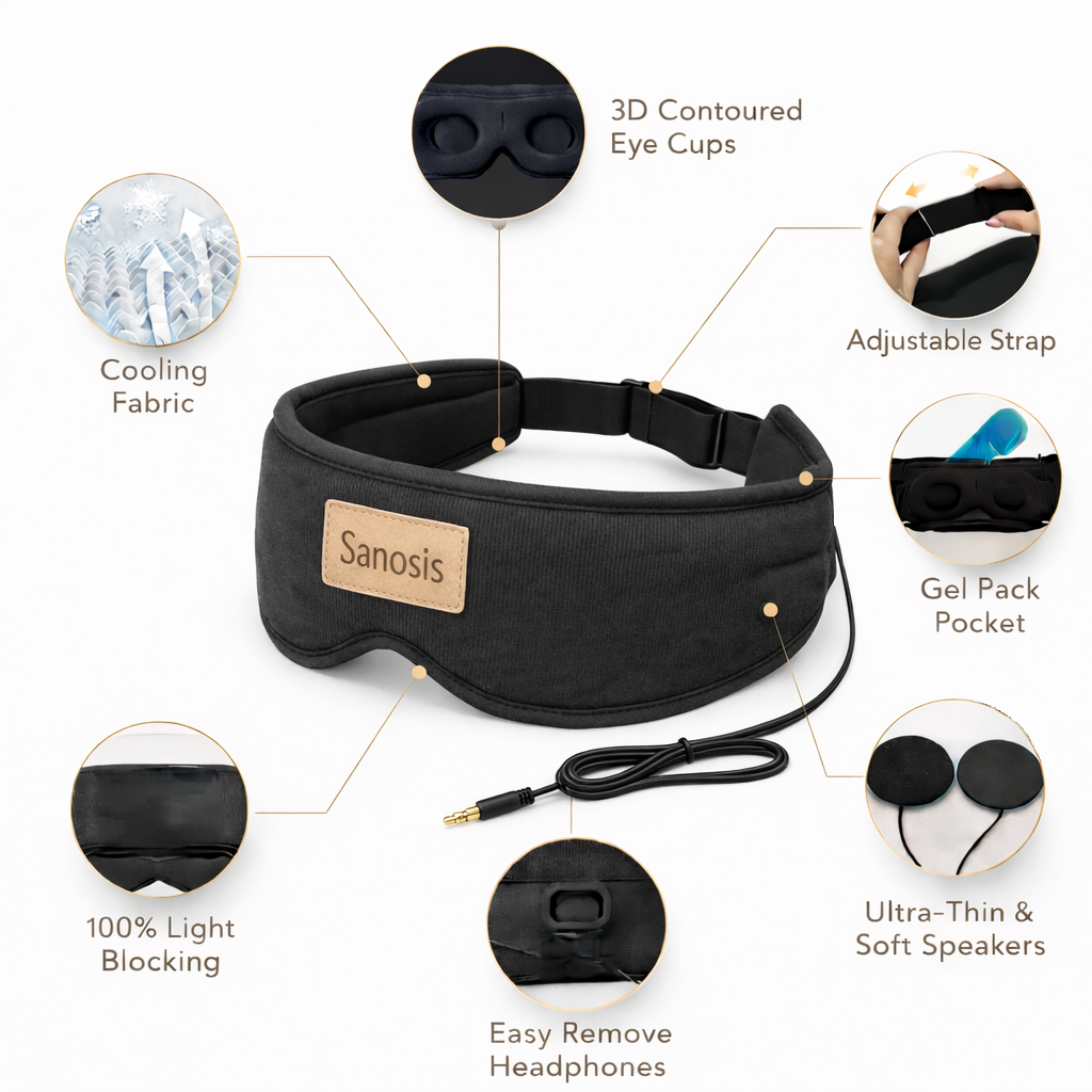 Sleep mask headphones black wired with features highlighted on a white background