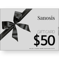 A Sanosis $50 gift card with a large black ribbon graphic on a light gray background and black text.