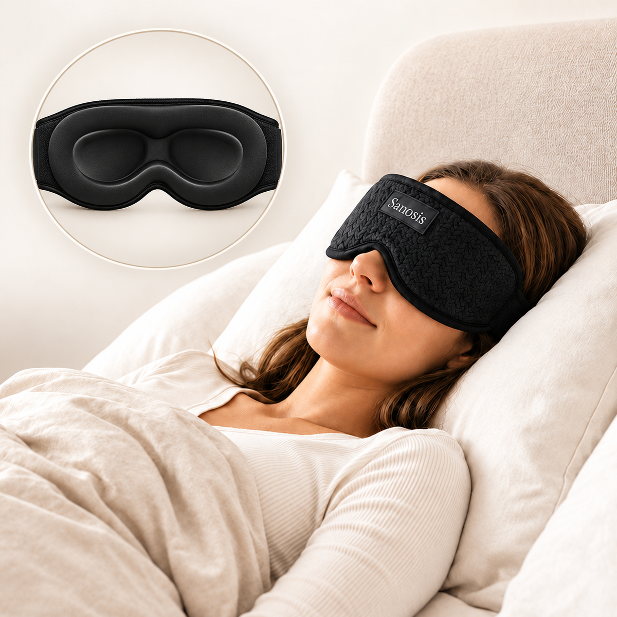 A woman lying in bed wearing a black textured sleep mask, with a circular inset showing a close-up of the mask. The mask has a small white brand label that reads 'SUNRISE'.