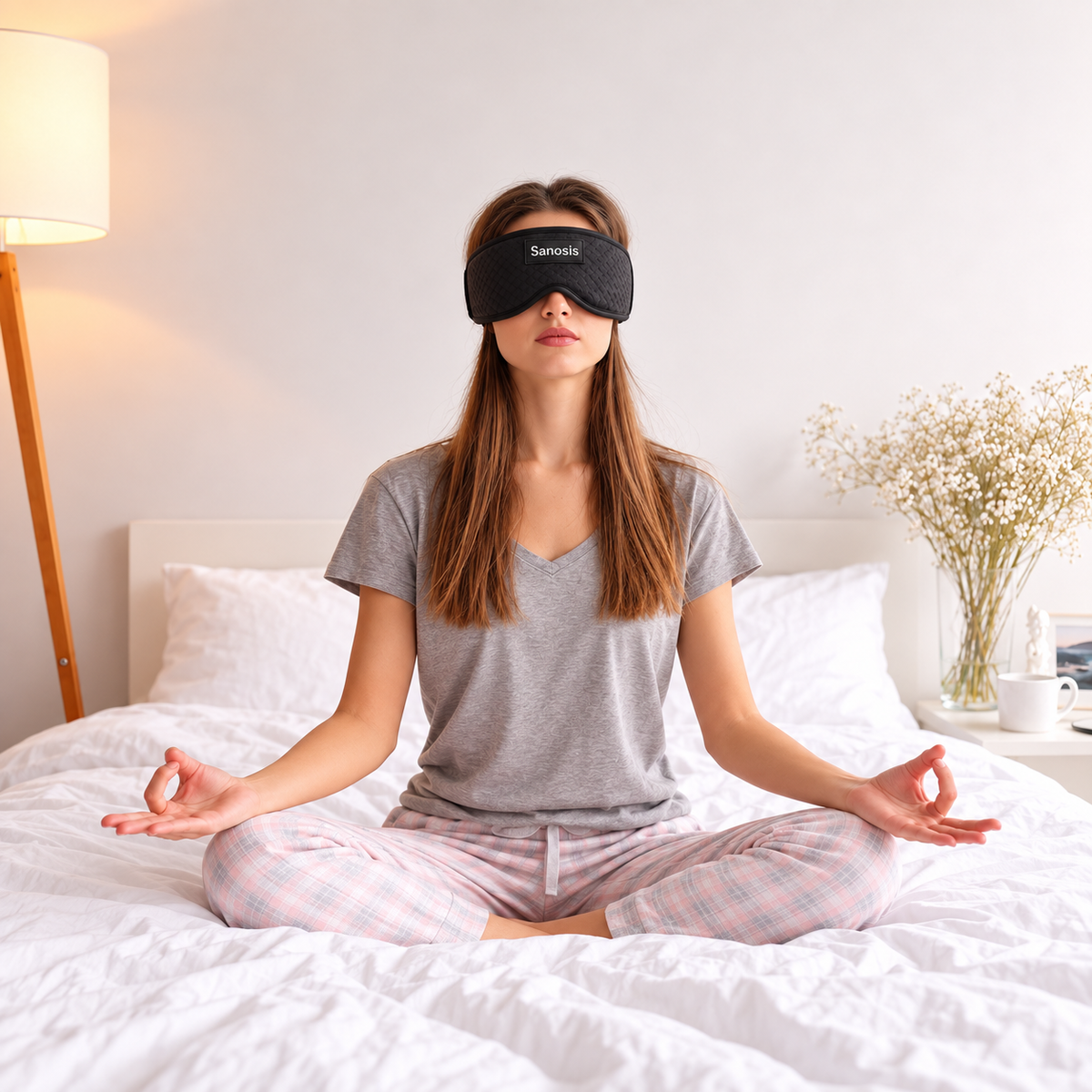 Woman meditating on a white bed wearing a grey t-shirt and black Sanosis eye mask. 