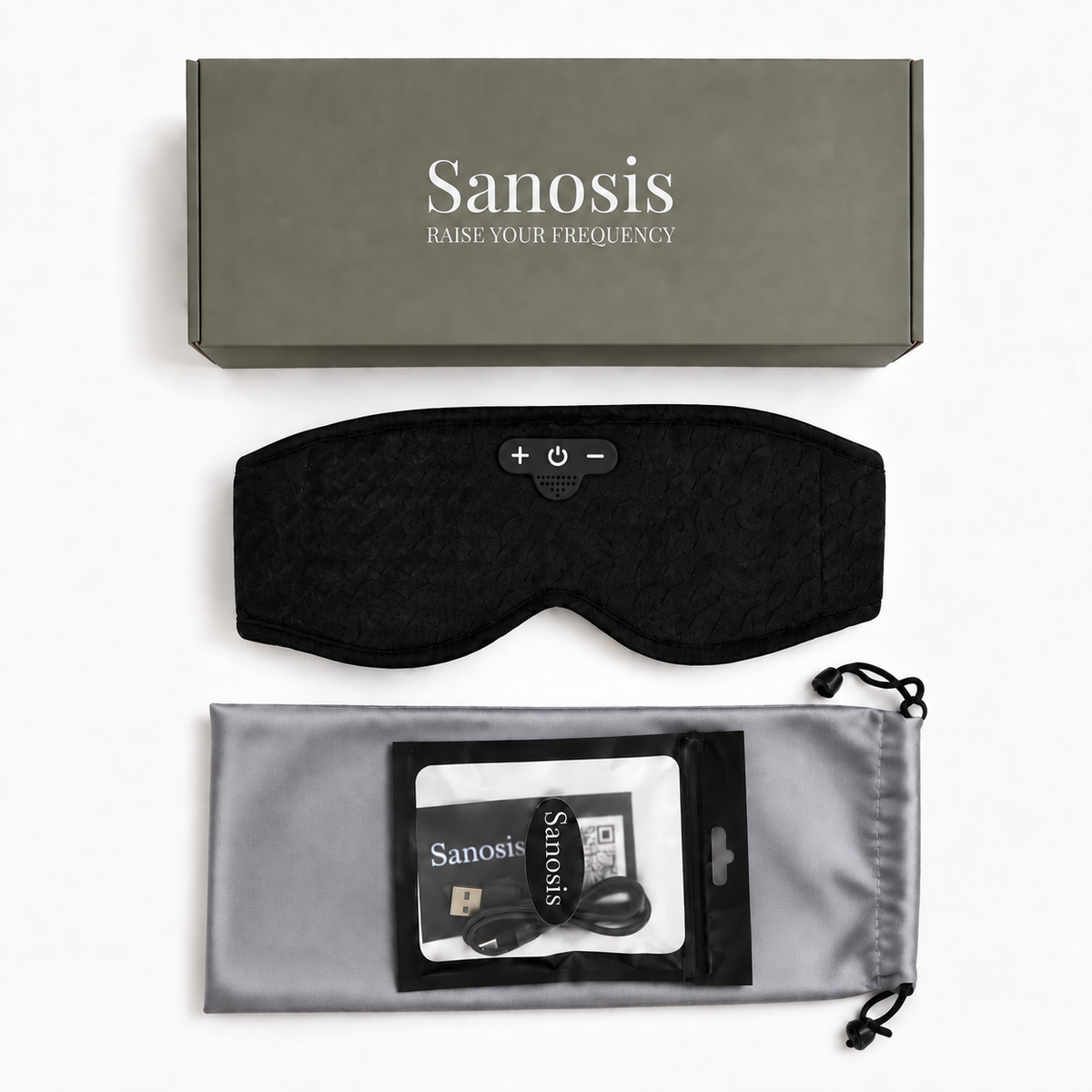Sanosis branded sleep mask pack showing black sleep mask green box and silver accessories bag.