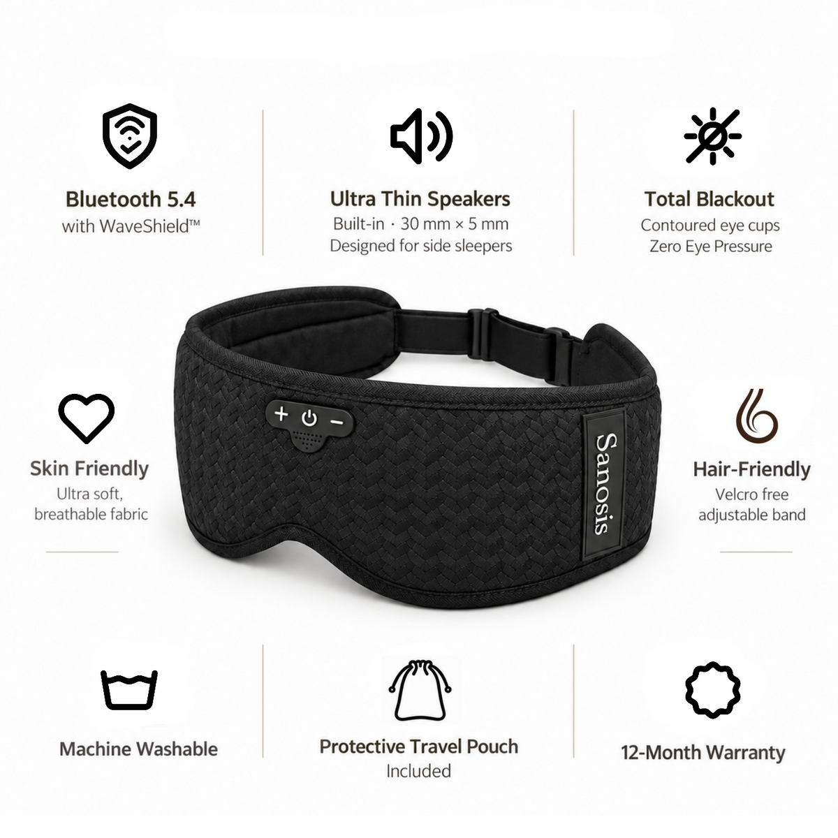 Black Satinosis sleep mask with built-in speakers and control buttons, shown on a white background with feature callout icons and text.