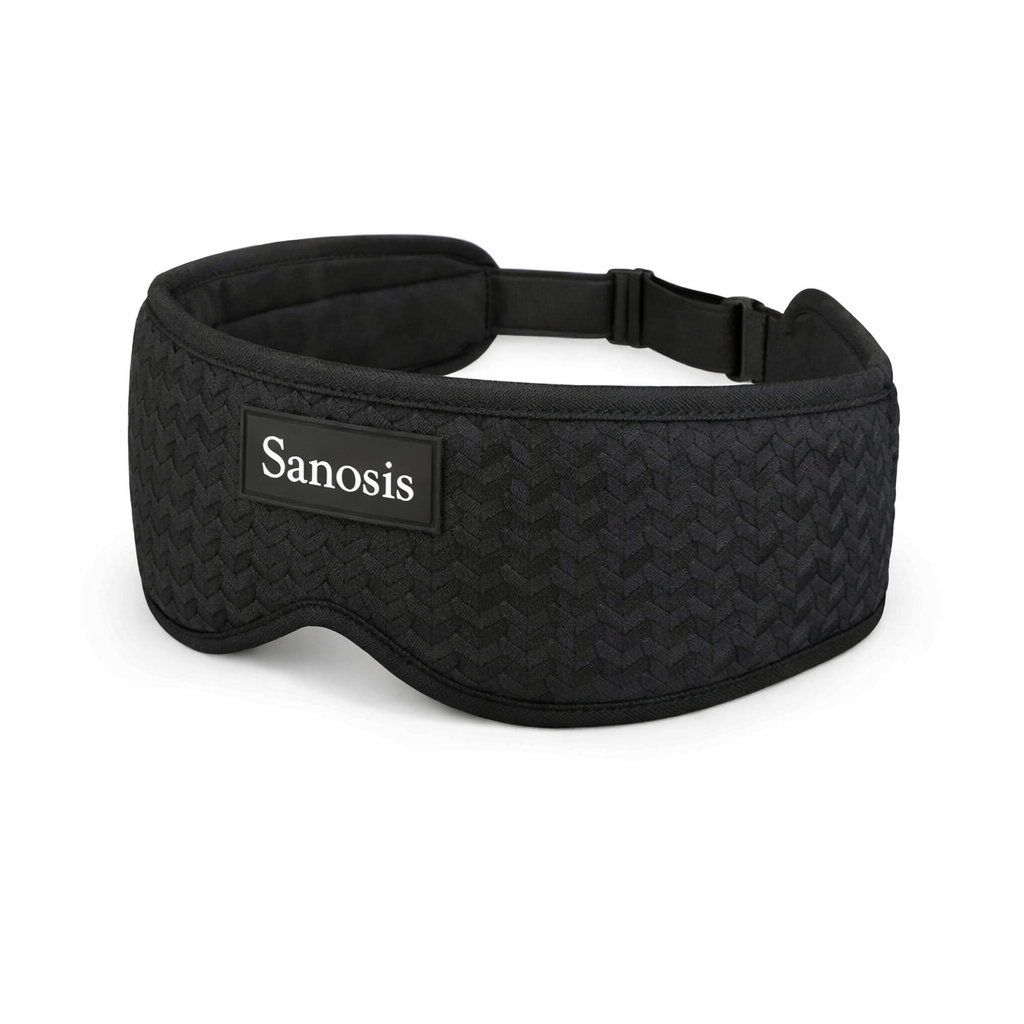 A black textured sleep mask with an adjustable strap and a black brand label reading 'Sanosis' on the front, set against a plain white background.