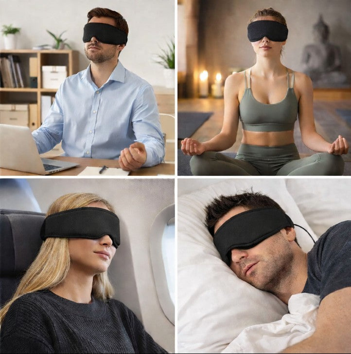 A four-panel collage showing a black sleep mask worn by different people in real-life settings: a man working at a desk, a woman meditating in a yoga pose, a woman sitting in an airplane, and a man sleeping in bed.