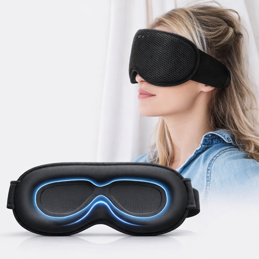 Woman wearing a black sleep mask headphones with a blue light, with another mask in front on a white background