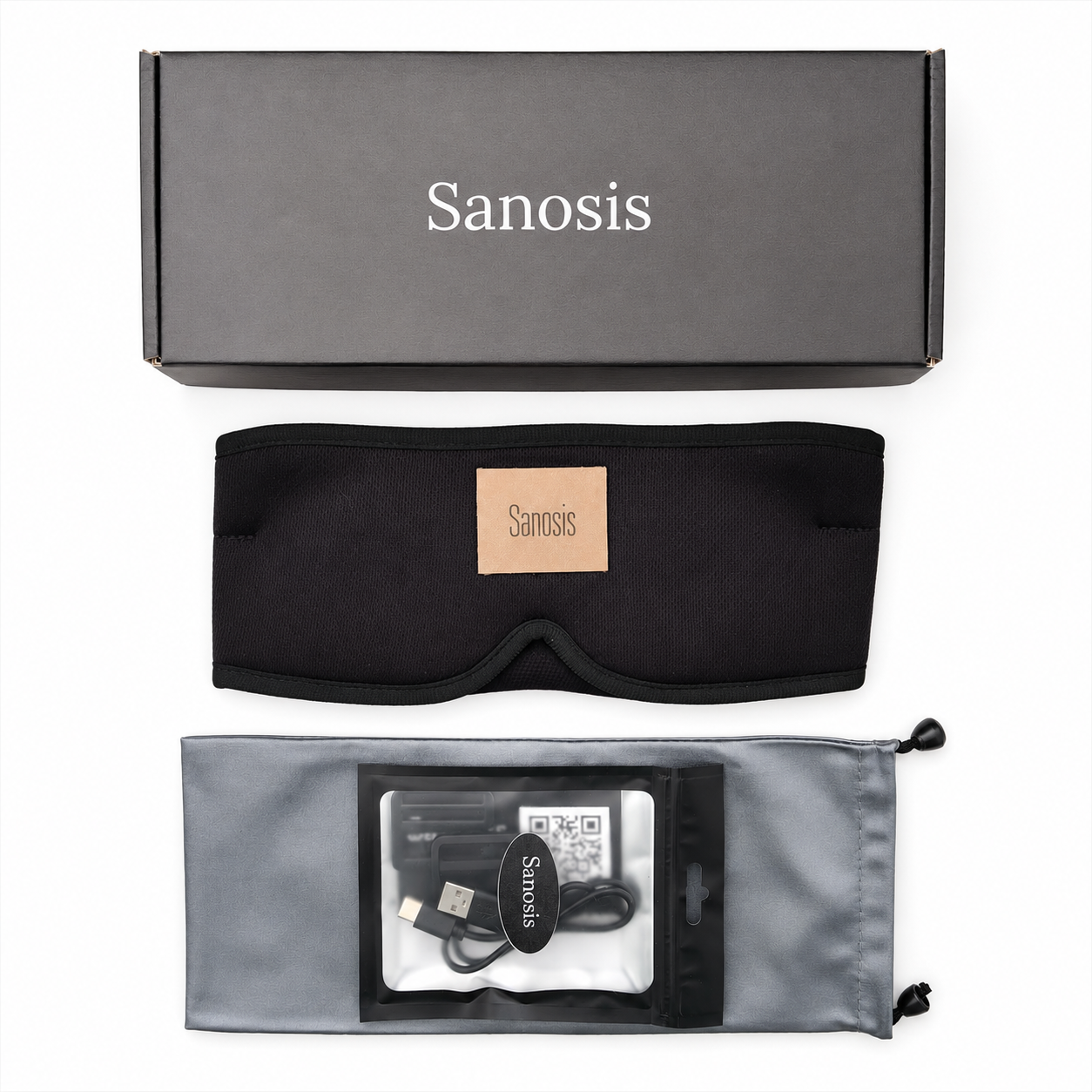 Black sleep mask with Sanosis branding, packaging, and accessories on a white background
