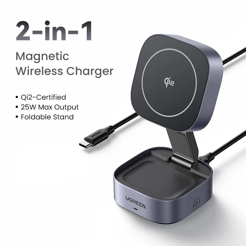 Support de charge magnétique sans fil UGREEN Qi2/Qi 15W 2-en-1 pour iPhone 16 17 Pro Max/AirPods Charge rapide