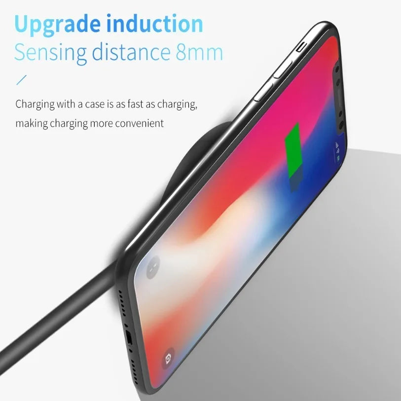 Smartphone with wireless charging case on a white background, highlighting induction charging feature.