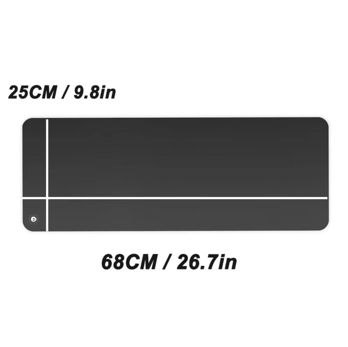 Measurement chart showing dimensions of a black rectangular object with text indicating width and height.
