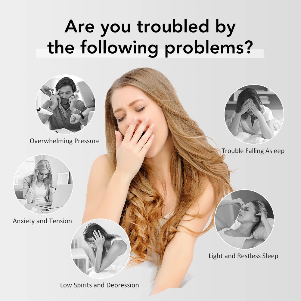 Woman with hand on face surrounded by icons and text about mental health issues.