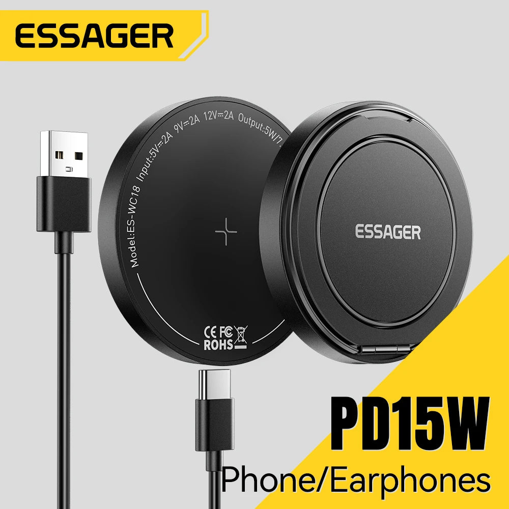 Essager wireless charging pad with USB cable on a gray background