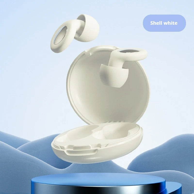 White wireless earbuds in an open case on a blue platform with a light blue background