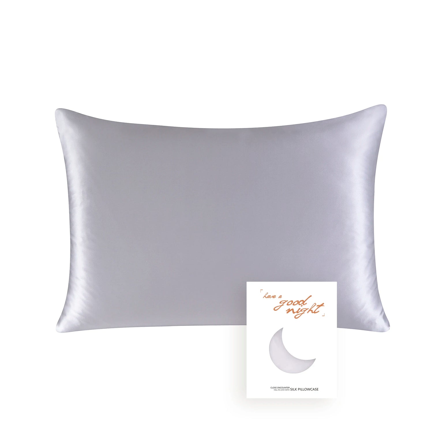 Silky pillowcase with a card on a white background