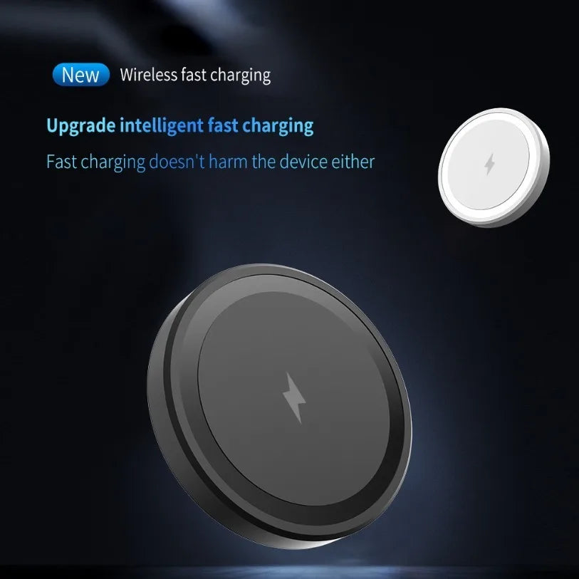 Wireless fast charging device with text on a dark background