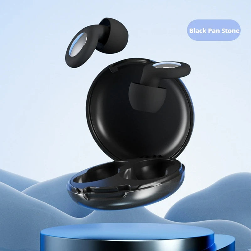Black wireless earbuds in a charging case on a blue and gray gradient background