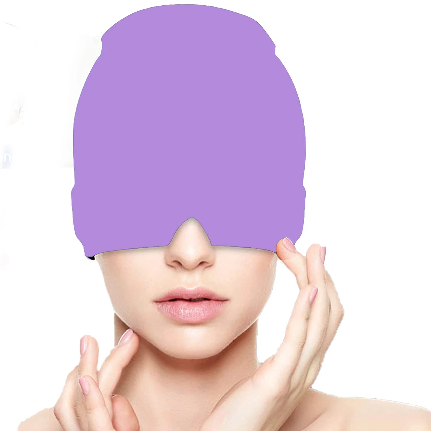 Person wearing a purple sleep mask on a white background
