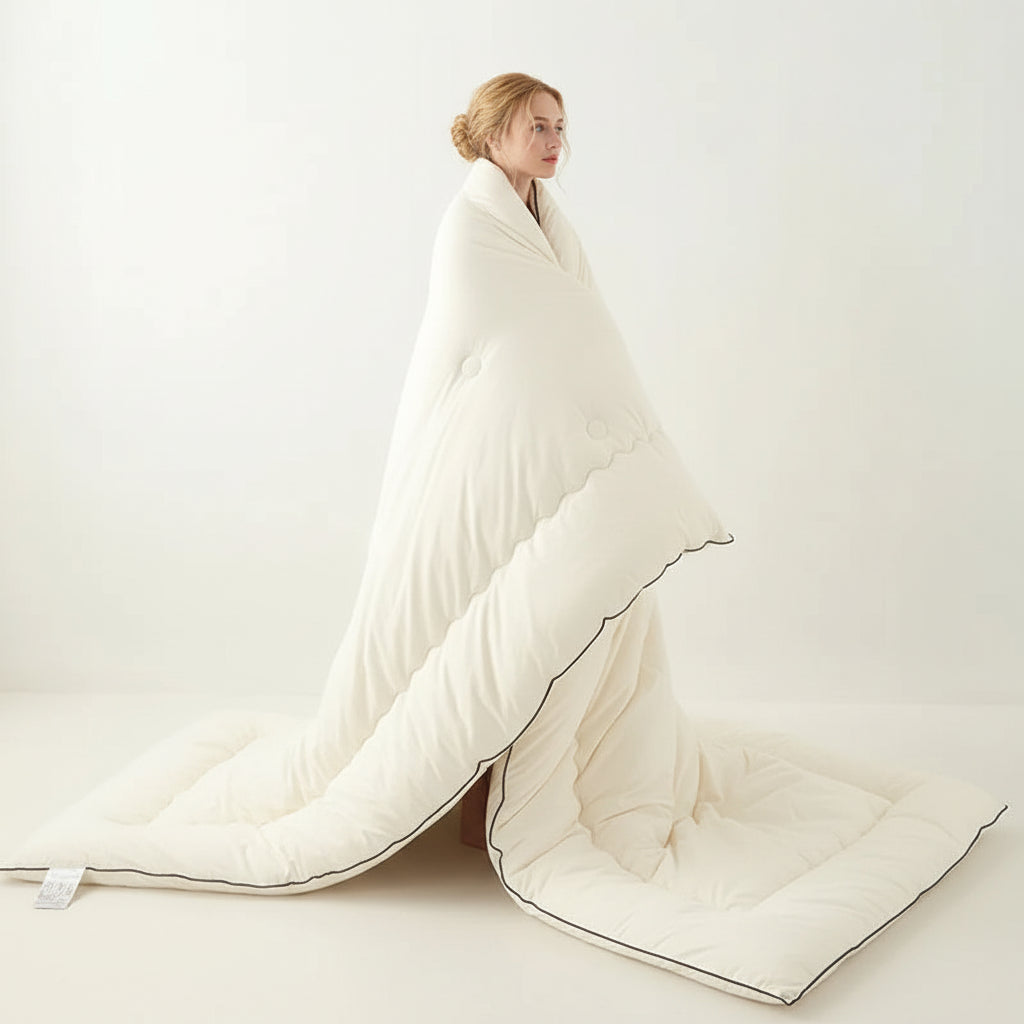 Person wrapped in a large white comforter with a visible brand label on a plain background
