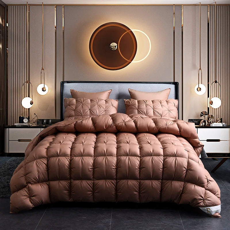 Brown quilted comforter on a bed in a stylish bedroom with modern decor.