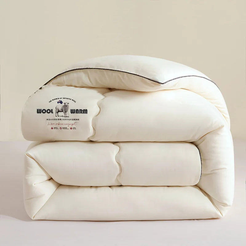 Folded white comforter with a label on a light background