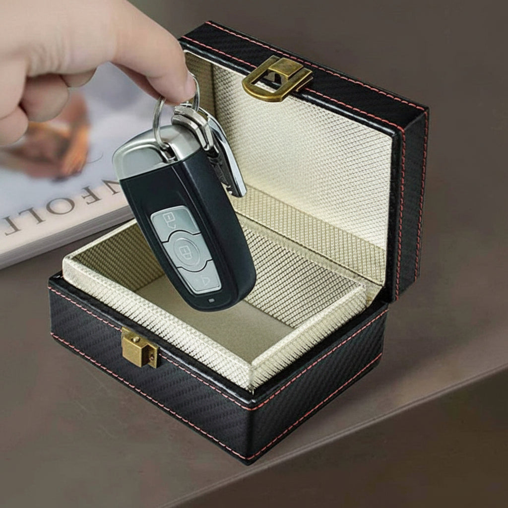 Keychain with car key fob attachment in a black faraday box on a gray surface.