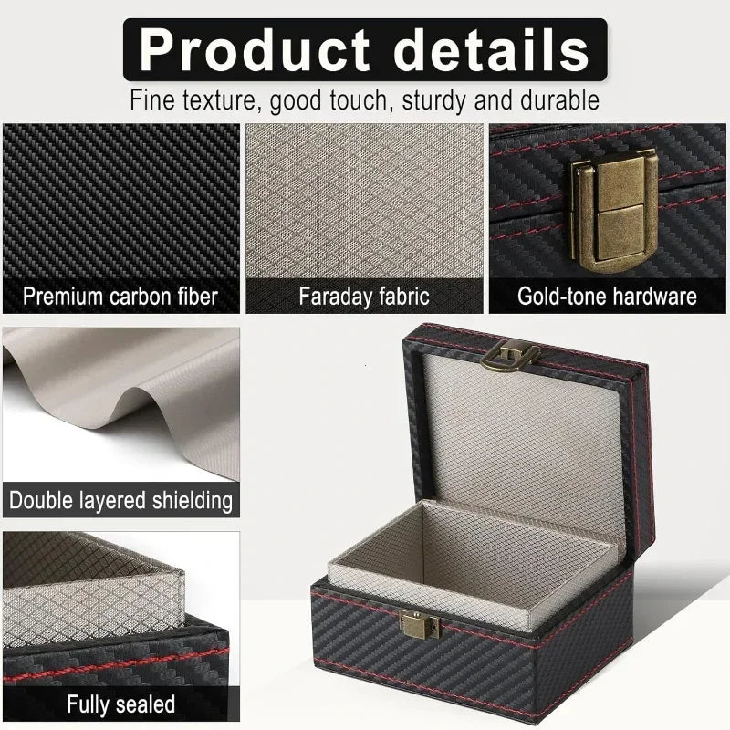 Product details of a jewelry box with carbon fiber, Faraday fabric, gold-tone hardware, double-layered shielding, and fully sealed features.