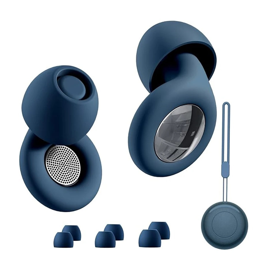 Blue silicone earbuds with charging case and accessories on a white background