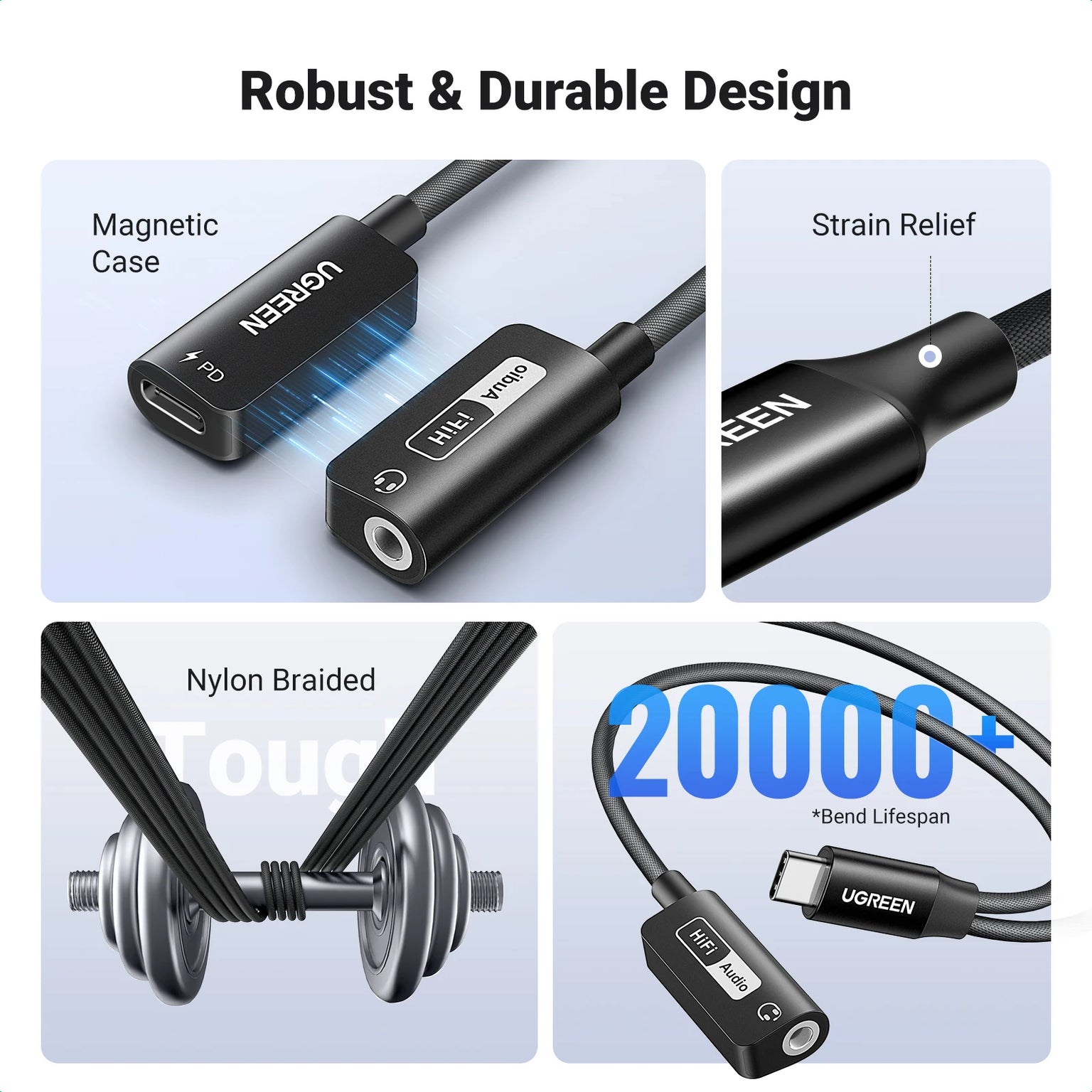 Ugreen cable with magnetic case, strain relief, and nylon braided design on a light blue background.