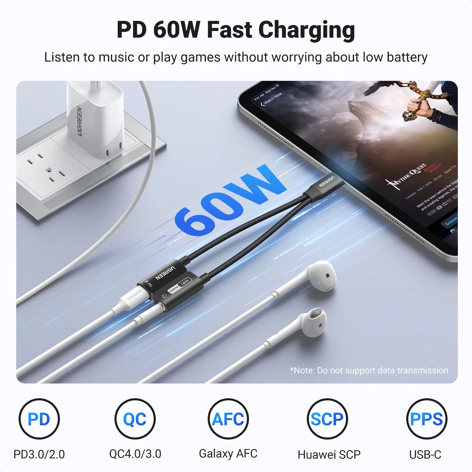 Fast charging cable with smartphone, earbuds, and power adapter on a light gray background.