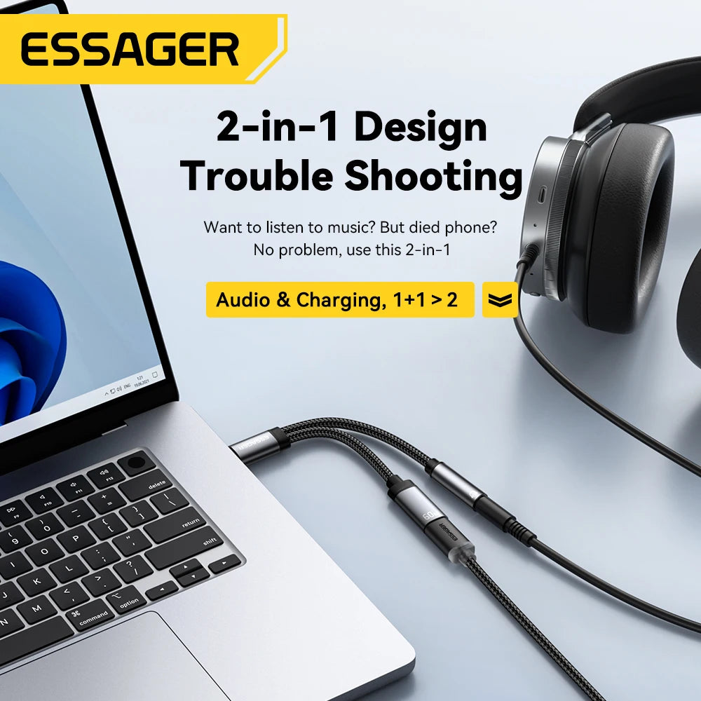 Laptop with headphones and cable, Essager brand visible