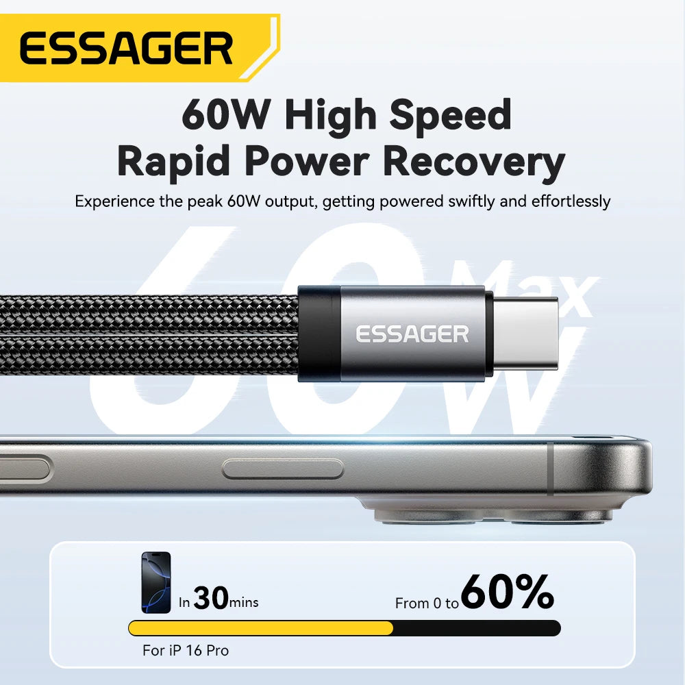 ESSAGER power cable with phone and text about high-speed power recovery on a light blue background