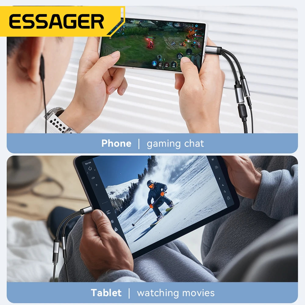 Two people using electronic devices for gaming and watching movies, with 'ESSAGER' branding.