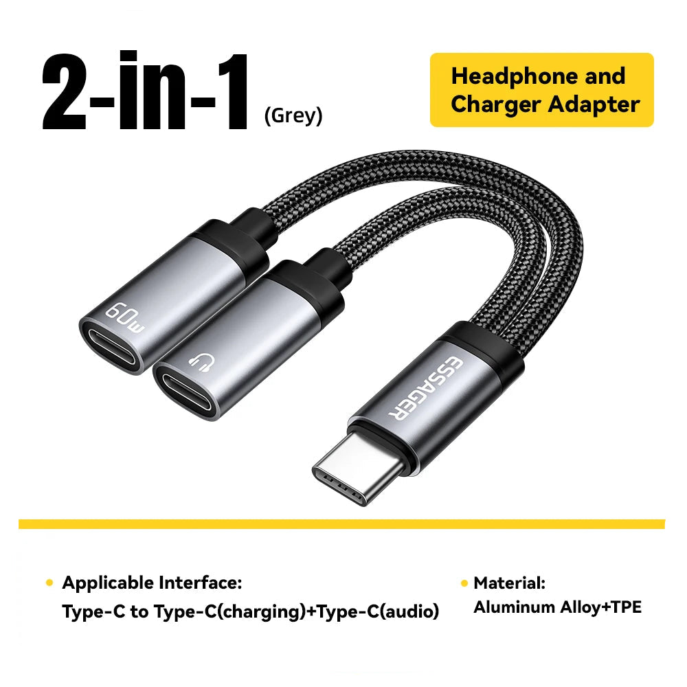 2-in-1 headphone and charger adapter with braided design on a yellow background