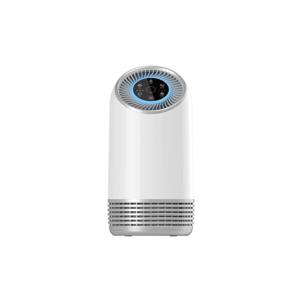 White air purifier with a digital display on a white background