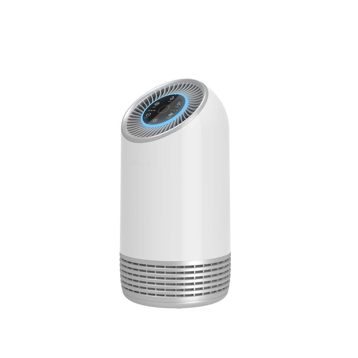 White air purifier with a blue display on a white background