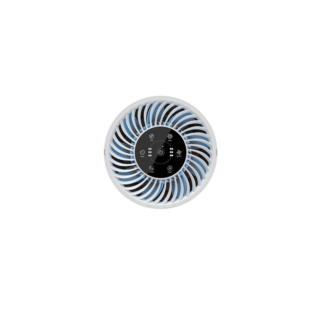 Round air purifier with blue accents on a white background