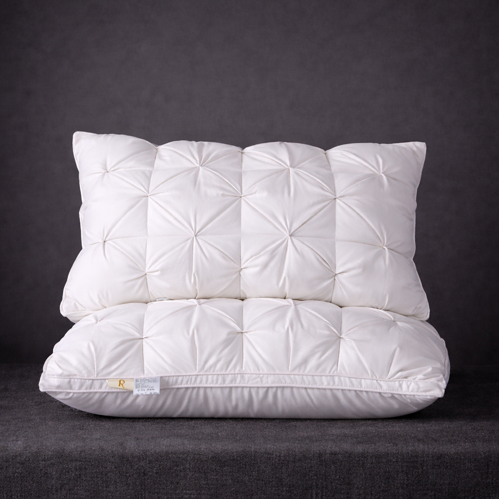 Two white quilted pillows on a dark gray background