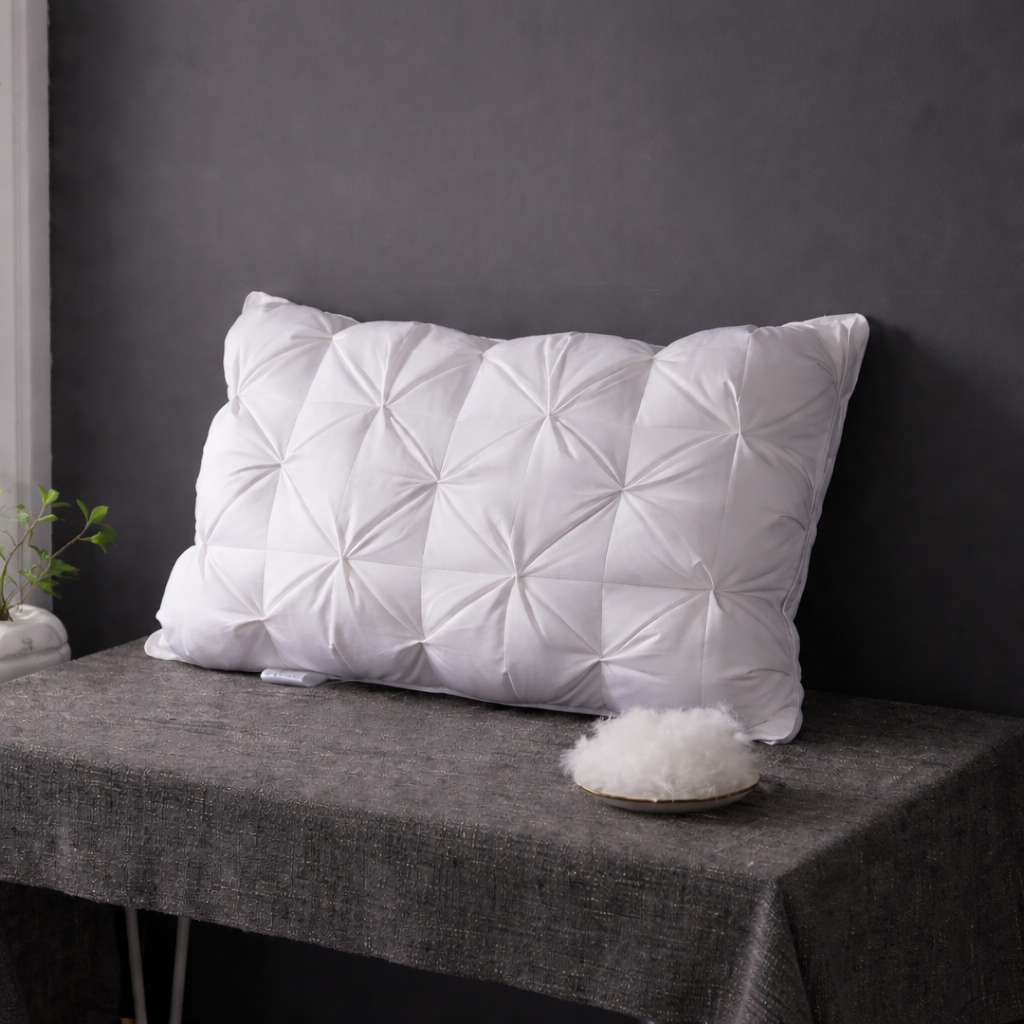 White textured pillow on a dark surface with a dark background