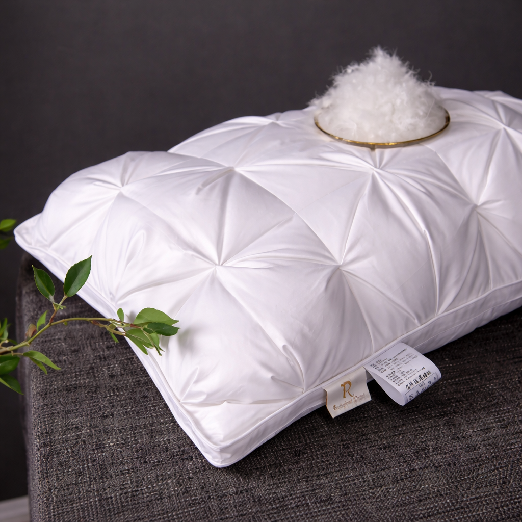 White pillow with visible brand label on a dark surface