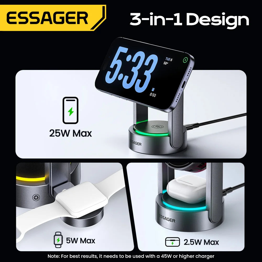 ESSAGER 3-in-1 charging station with clock display and power indicators.